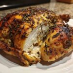 A whole roasted spatchcock chicken, cut open to show juicy white meat and crispy, herb-rubbed skin.