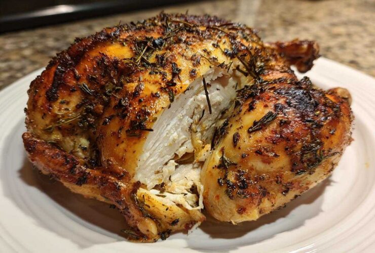 A whole roasted spatchcock chicken, cut open to show juicy white meat and crispy, herb-rubbed skin.