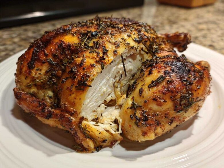 A whole roasted spatchcock chicken, cut open to show juicy white meat and crispy, herb-rubbed skin.