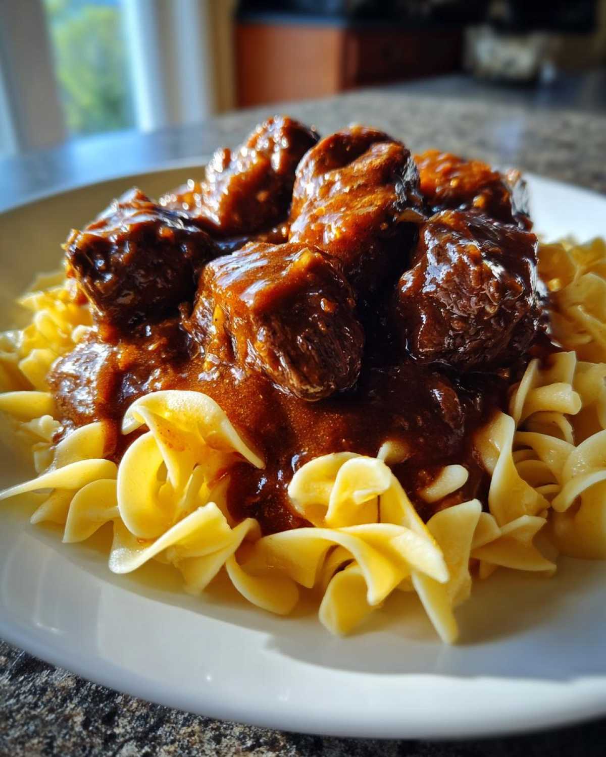 Close-up of tender crockpot beef tips smothered in rich brown gravy served over wide egg noodles on a white plate.