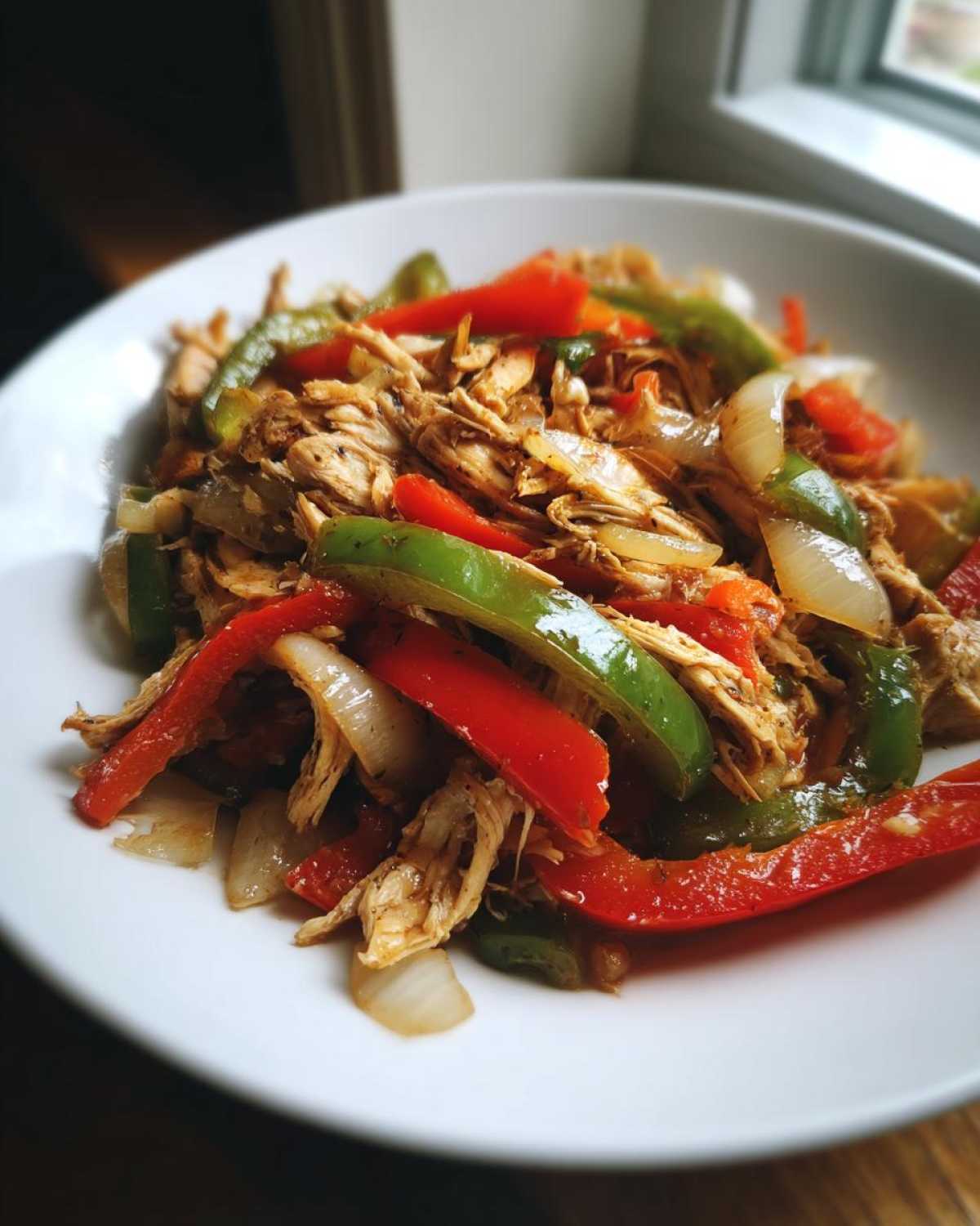 Close-up of shredded crockpot chicken fajitas mixed with vibrant red and green bell peppers and onions in a white bowl.