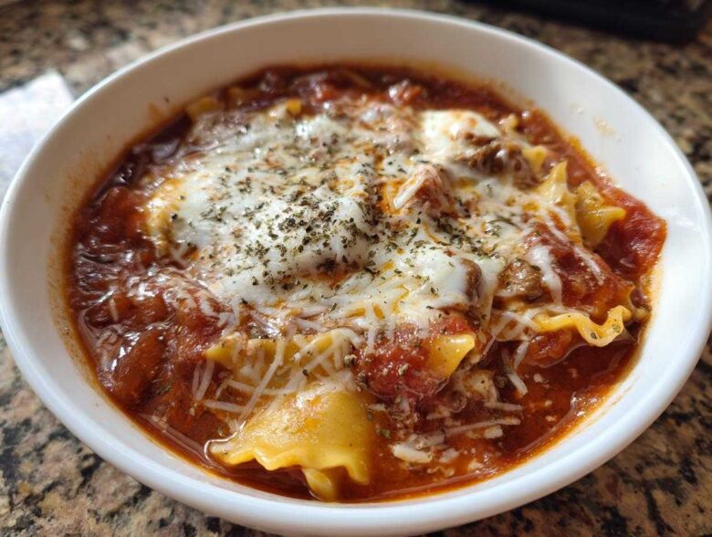 Close-up of a white bowl filled with rich crockpot lasagna soup, topped with melted mozzarella and herbs.
