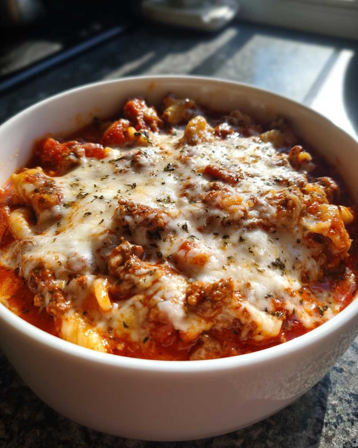 Close-up of a bowl of rich, saucy crockpot lasagna soup topped with melted mozzarella and herbs.