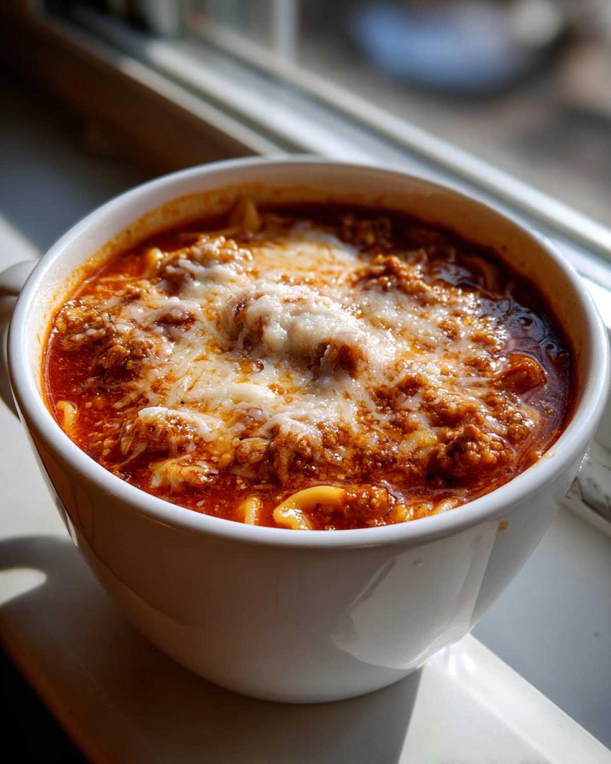 A close-up of a white mug filled with rich crockpot lasagna soup, topped generously with melted mozzarella cheese.