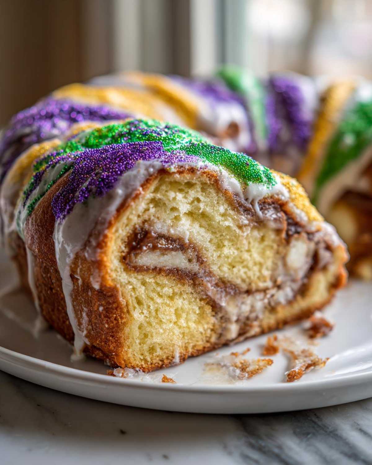 Close-up of a slice of moist king cake showing the cinnamon swirl filling, topped with white icing and purple, green, and gold sprinkles.