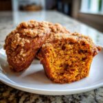 Close-up of two sweet potato muffins, one cut in half showing the moist orange interior and crumb topping.