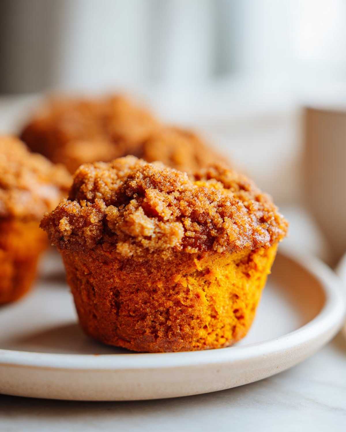 A close-up of a freshly baked sweet potato muffin with a thick, sugary crumb topping, sitting on a light plate.