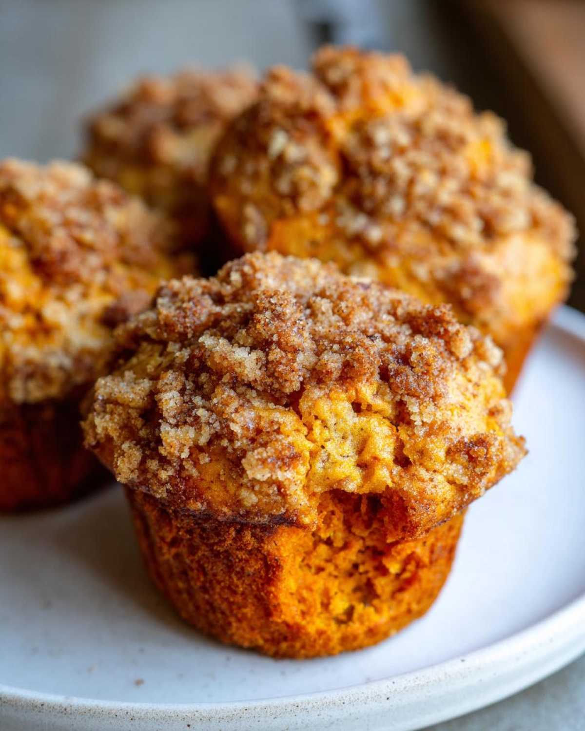 A close-up of moist, orange sweet potato muffins topped with a thick layer of brown sugar streusel topping.