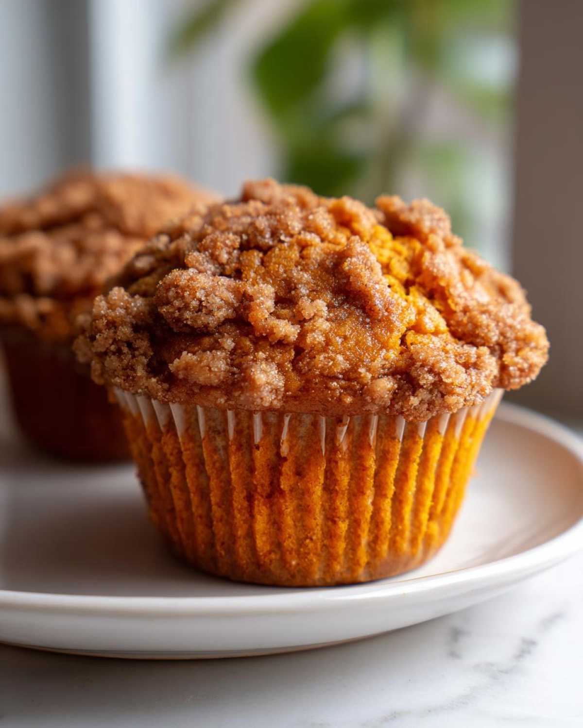 A close-up of a freshly baked sweet potato muffin topped with brown sugar streusel, sitting on a white plate.