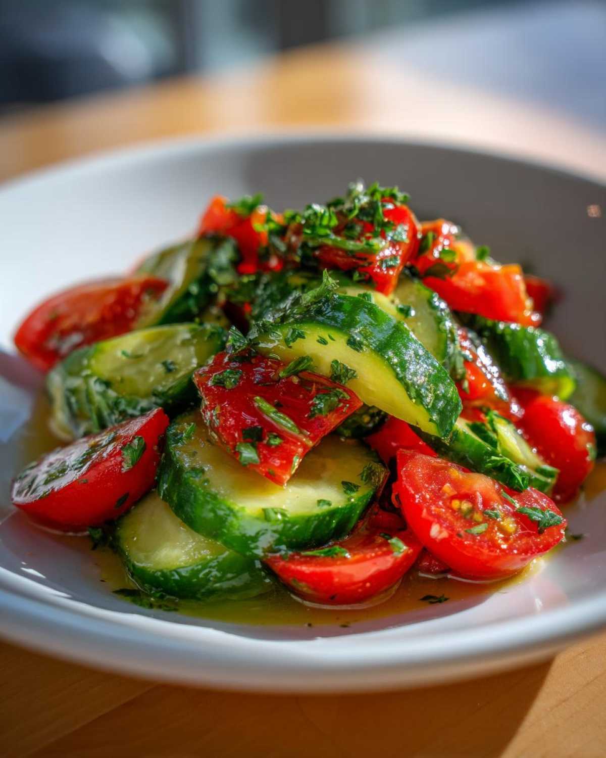 Close-up of a vibrant cucumber tomato salad tossed in a light vinaigrette and topped with fresh parsley.