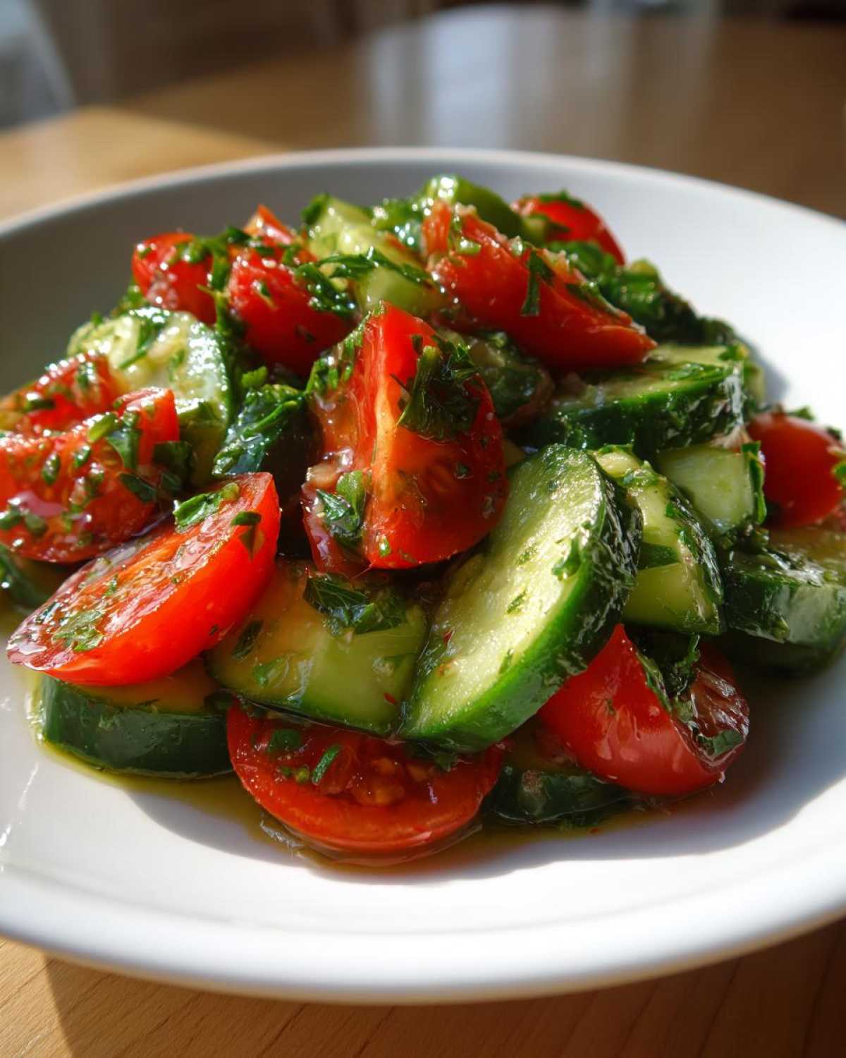 Close-up of a fresh cucumber tomato salad tossed in a light vinaigrette and fresh herbs.