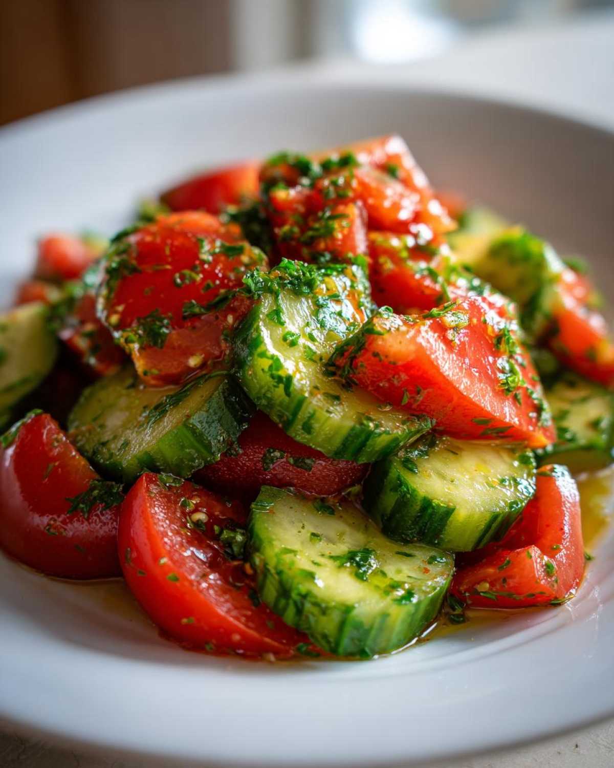 Close-up of a vibrant cucumber tomato salad, featuring thick slices of cucumber and wedges of ripe tomato coated in a herbed vinaigrette.