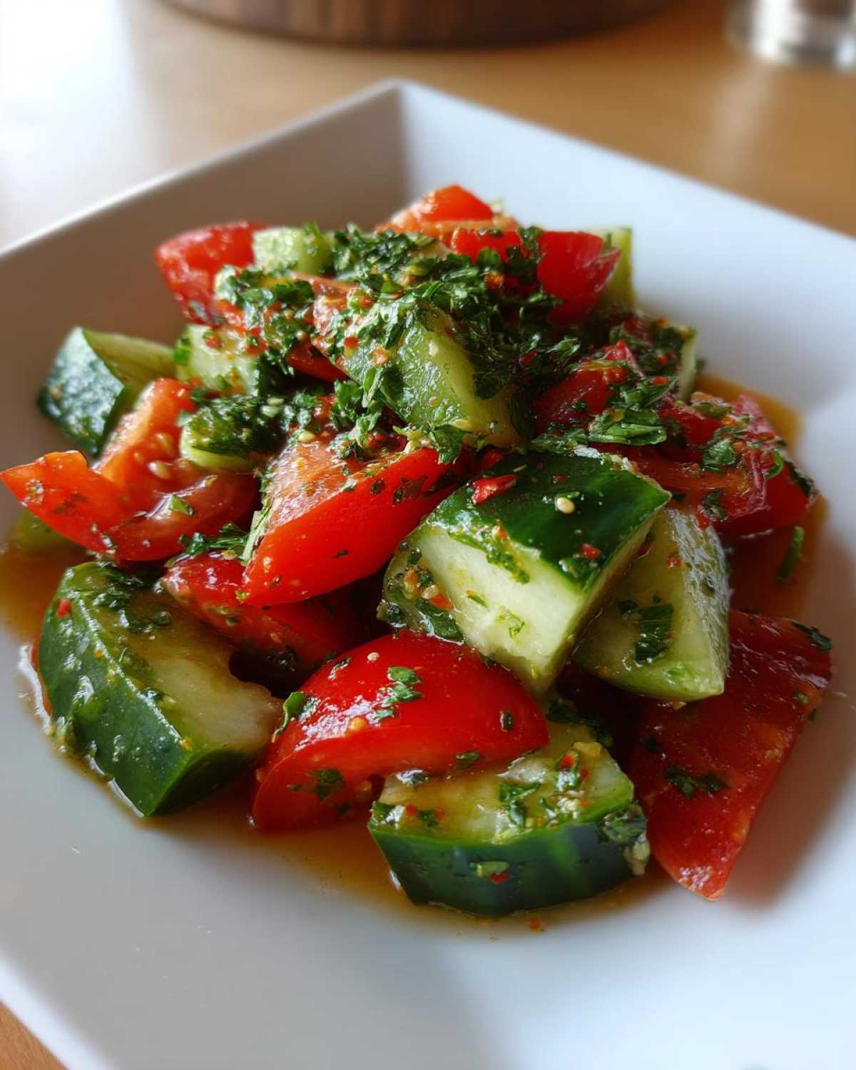 Close-up of a refreshing cucumber tomato salad tossed in a light dressing and topped with fresh chopped herbs.