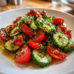 Close-up of a vibrant cucumber tomato salad tossed in a savory herb dressing, served on a white plate.
