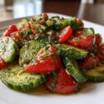 Close-up of a refreshing cucumber tomato salad tossed in a bright, herby vinaigrette.