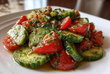 Close-up of a refreshing cucumber tomato salad tossed in a bright, herby vinaigrette.