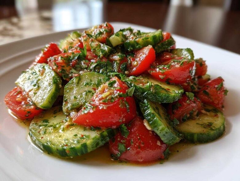 Close-up of a refreshing cucumber tomato salad tossed in a bright, herby vinaigrette.