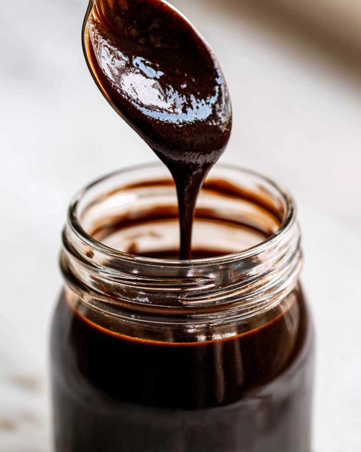 A spoonful of thick, glossy homemade chocolate syrup is being poured back into a glass jar.