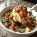 A spoonful of creamy easy crockpot potato soup topped with melted cheese, crispy bacon bits, and green onions.
