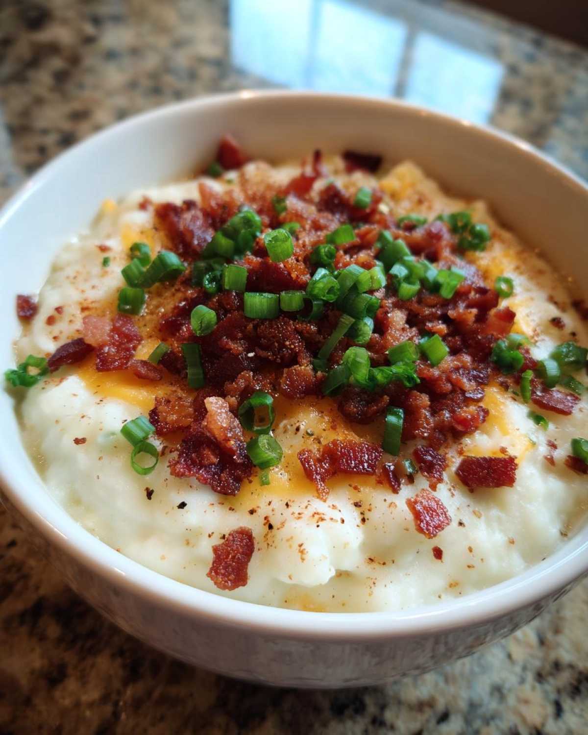 A close-up of a bowl of creamy easy crockpot potato soup topped with bacon bits, shredded cheese, and green onions.