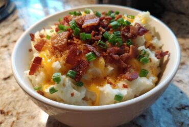 A bowl of creamy potato soup topped with melted cheddar cheese, bacon bits, and green onions, representing easy crockpot potato soup.