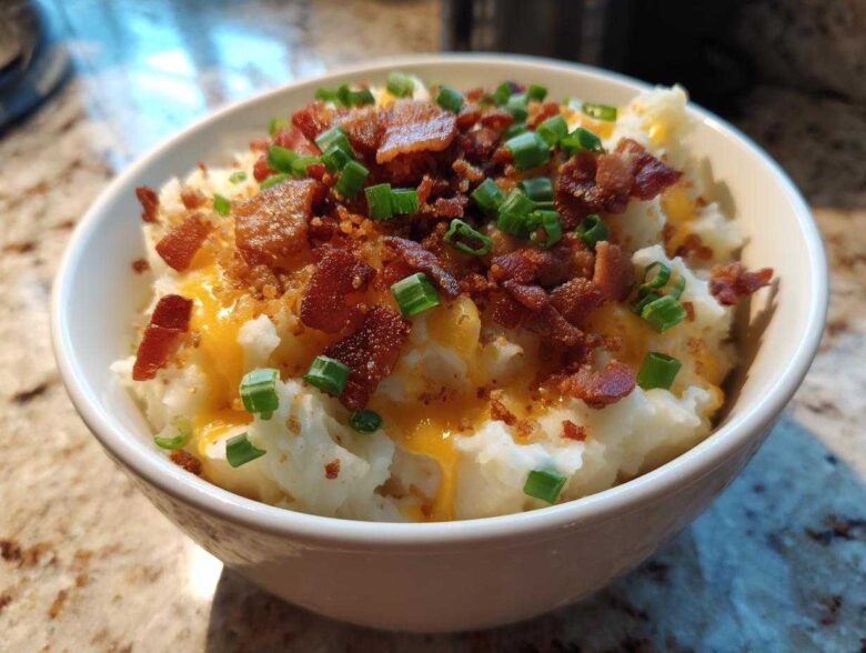 A bowl of creamy potato soup topped with melted cheddar cheese, bacon bits, and green onions, representing easy crockpot potato soup.