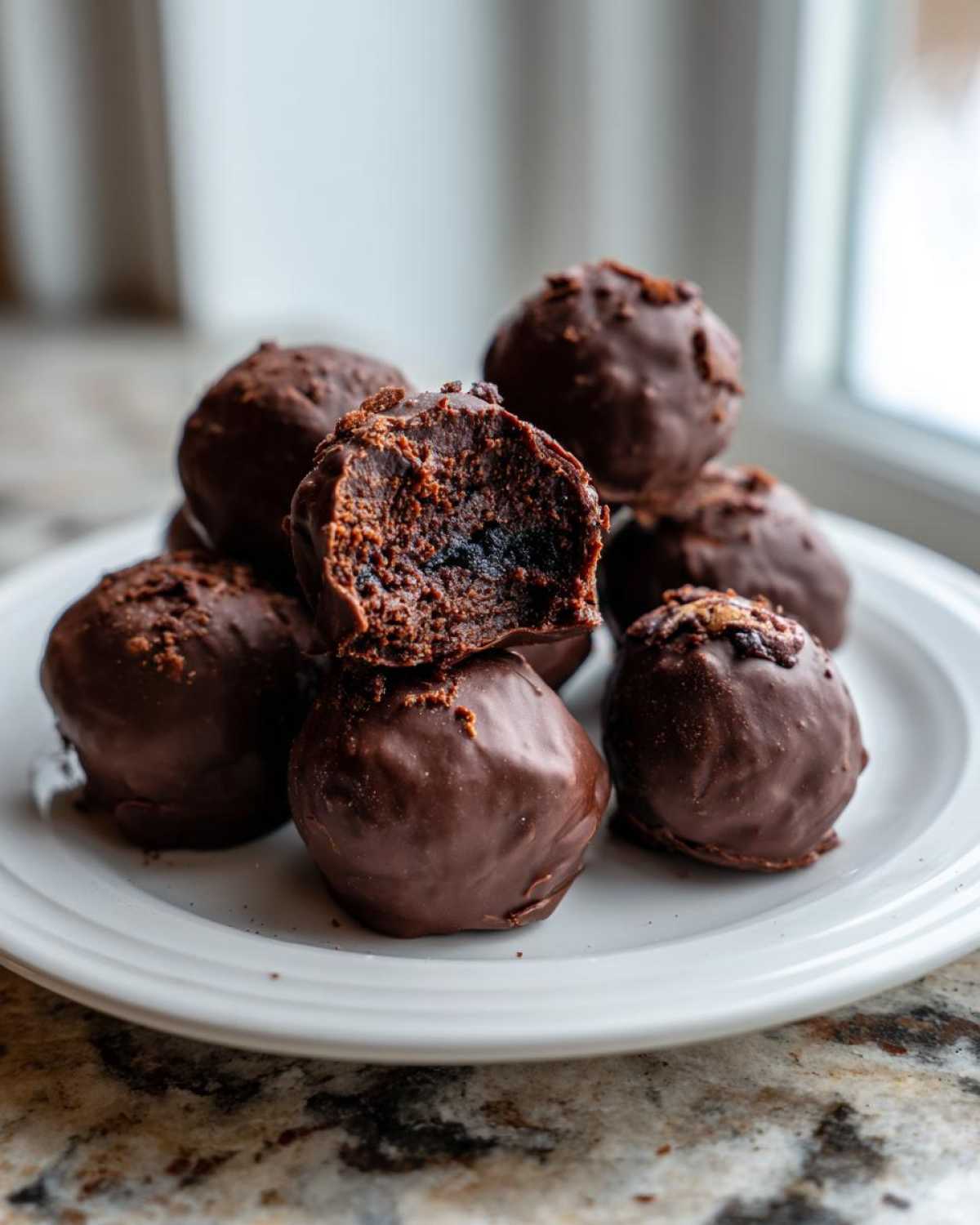 A stack of rich, chocolate-covered pecan pie balls, with one broken open to show the dense, dark interior.