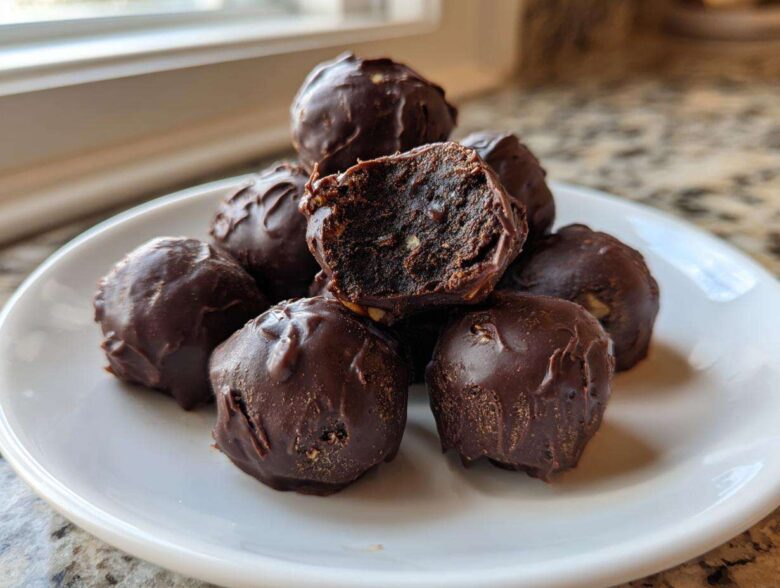 A pile of rich, chocolate-covered pecan pie balls on a white plate, one is broken open showing the filling.