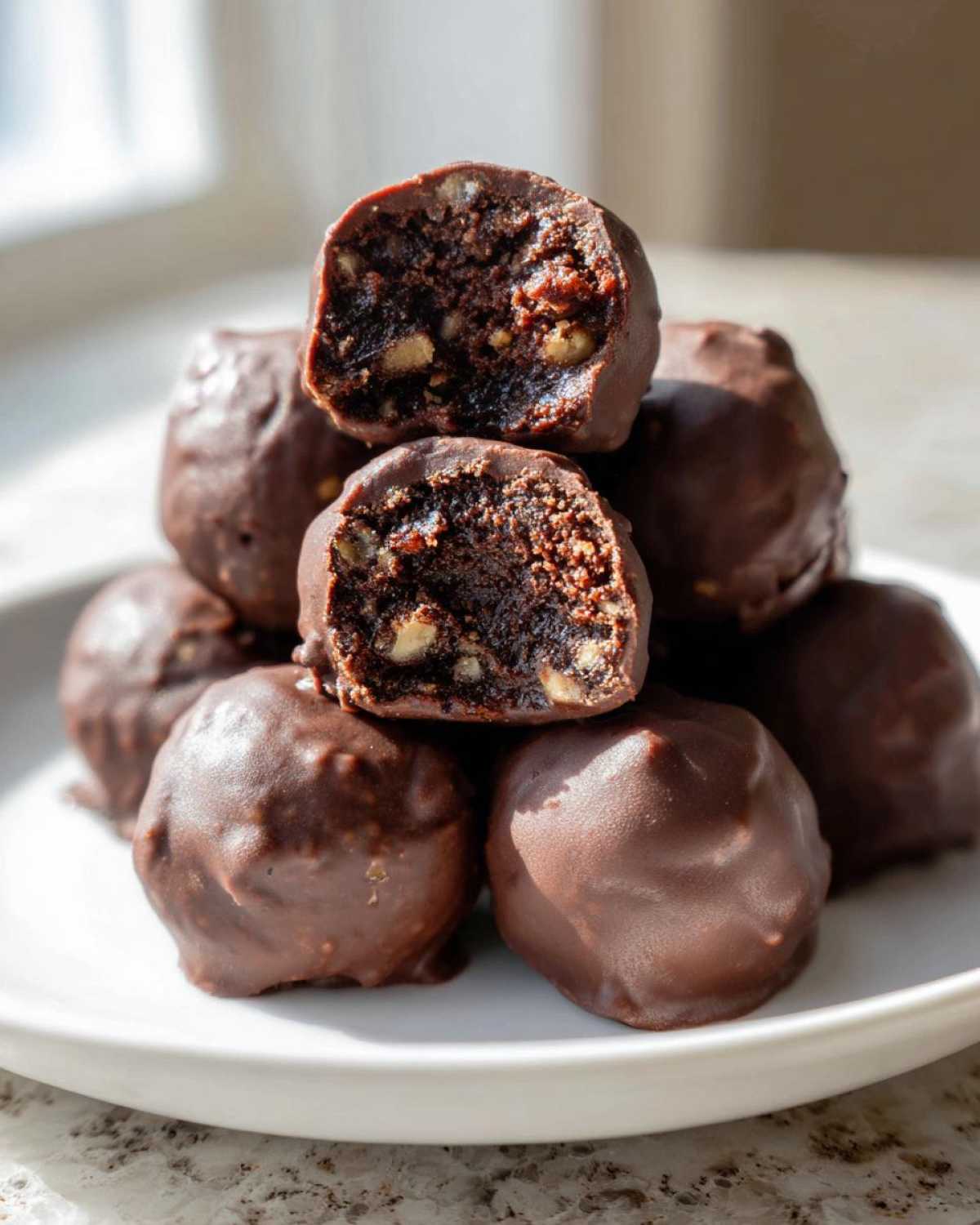 A stack of rich, chocolate-covered pecan pie balls, with two on top cut open to show the nutty interior.