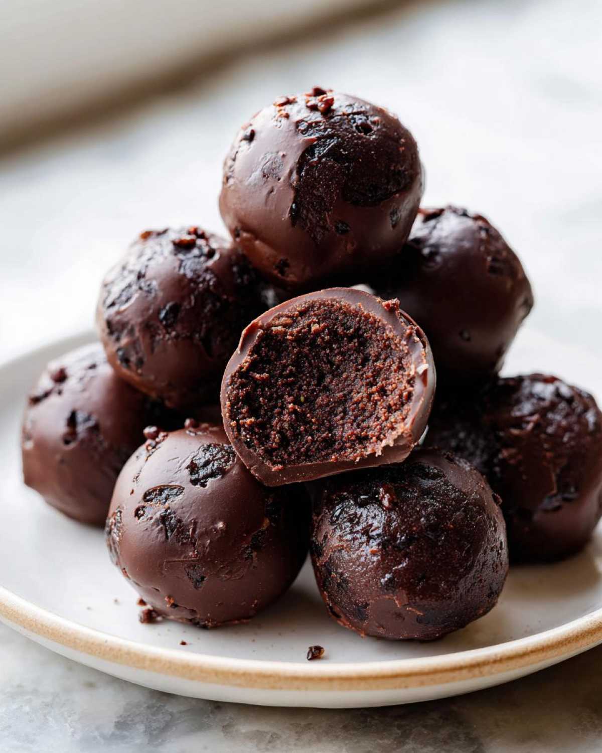 A stack of rich, chocolate-covered pecan pie balls, with one cut open showing the dense, dark interior.