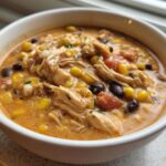 A close-up of a white bowl filled with rich, orange-hued cream cheese chicken chili featuring shredded chicken, corn, black beans, and tomatoes.