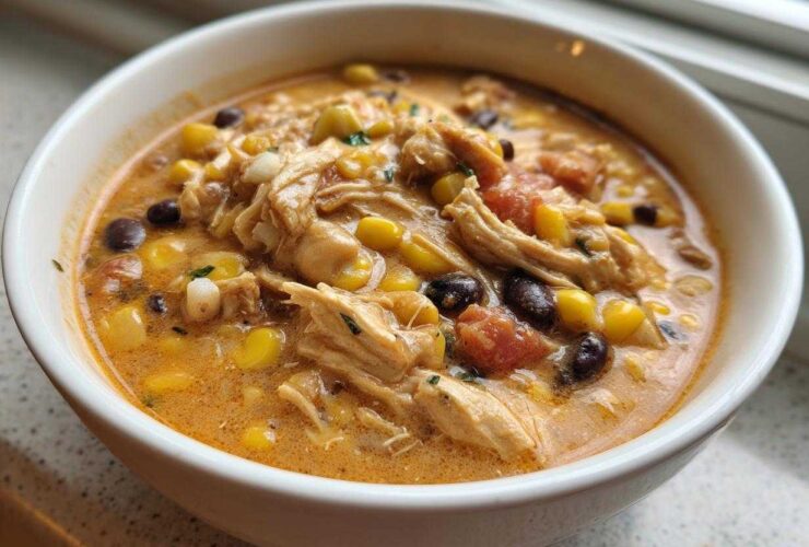 A close-up of a white bowl filled with rich, orange-hued cream cheese chicken chili featuring shredded chicken, corn, black beans, and tomatoes.