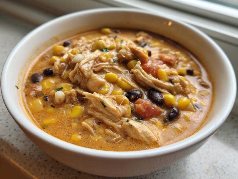 A close-up of a white bowl filled with rich, orange-hued cream cheese chicken chili featuring shredded chicken, corn, black beans, and tomatoes.