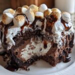 A cross-section slice of hot chocolate poke cake topped with whipped cream, toasted marshmallows, and chocolate syrup.