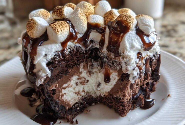 A cross-section slice of hot chocolate poke cake topped with whipped cream, toasted marshmallows, and chocolate syrup.
