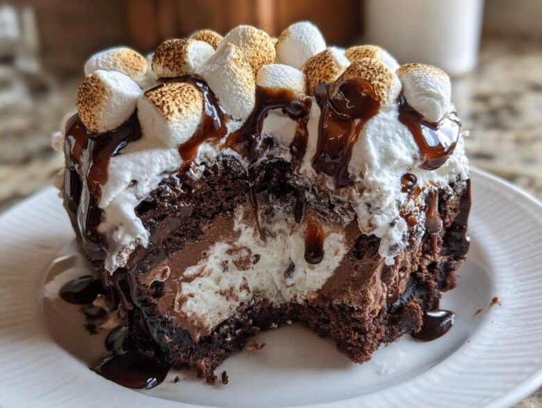 A cross-section slice of hot chocolate poke cake topped with whipped cream, toasted marshmallows, and chocolate syrup.