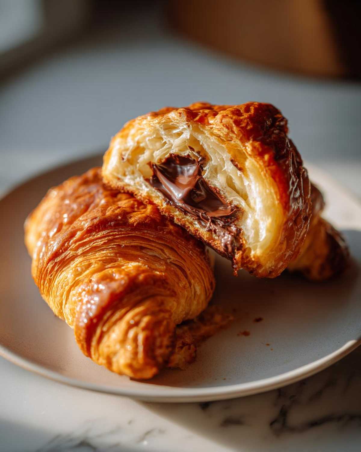 Close-up of a flaky, golden brown chocolate croissant cut in half, revealing melted chocolate filling.