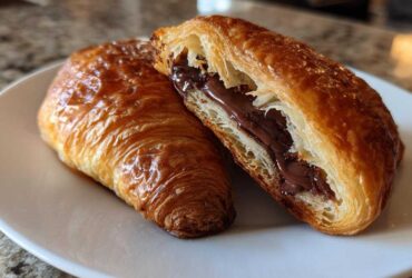 Close-up of a flaky, golden brown chocolate croissant cut in half, revealing rich melted chocolate filling.