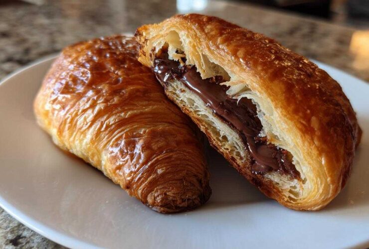 Close-up of a flaky, golden brown chocolate croissant cut in half, revealing rich melted chocolate filling.