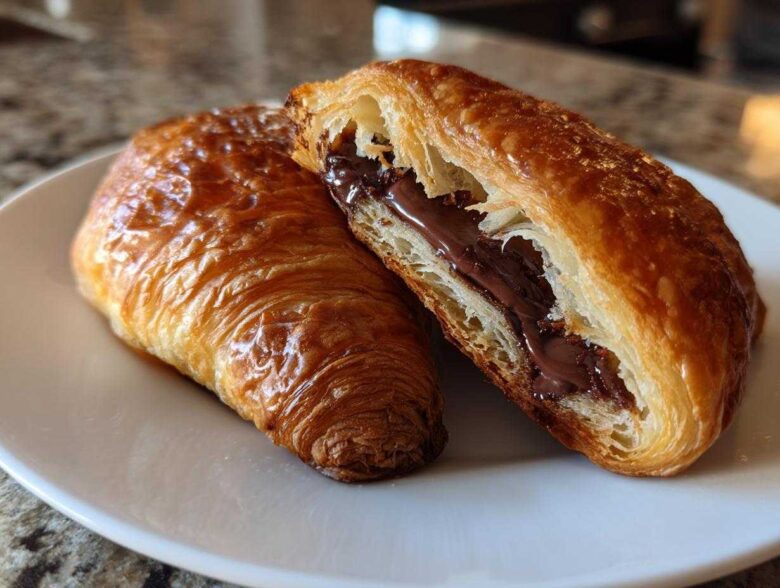 Close-up of a flaky, golden brown chocolate croissant cut in half, revealing rich melted chocolate filling.