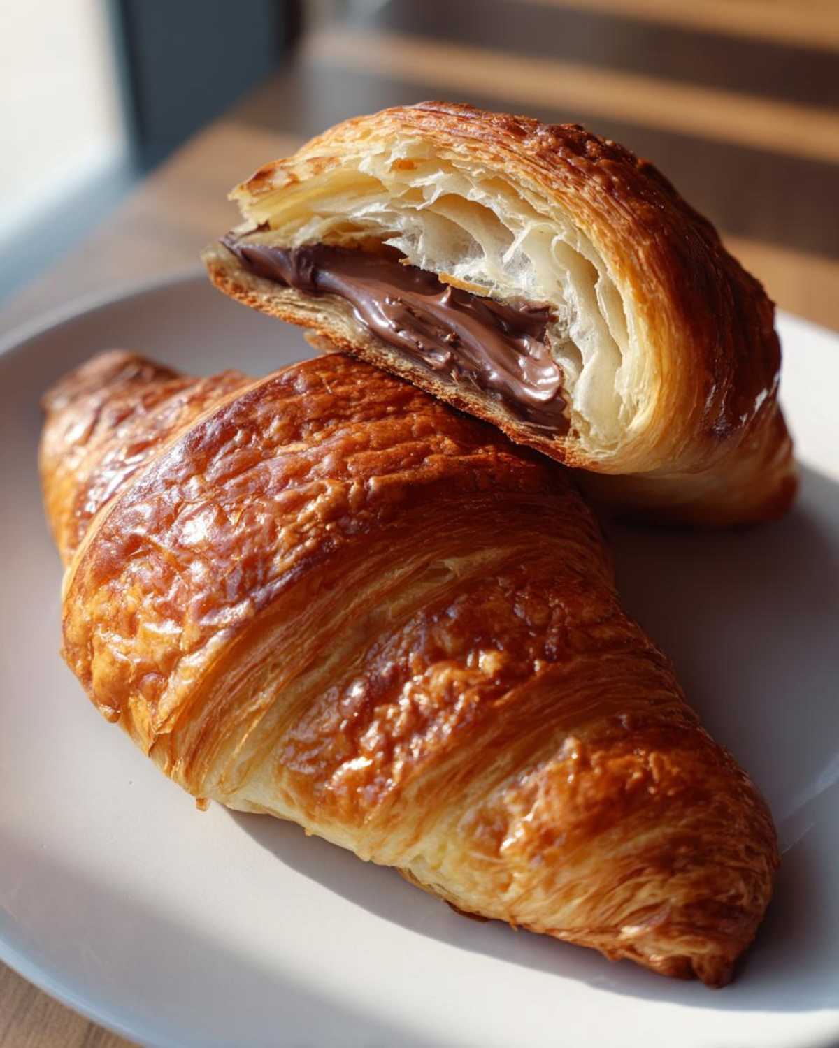Two golden-brown chocolate croissant halves resting on a white plate, one cut open revealing gooey melted chocolate filling.