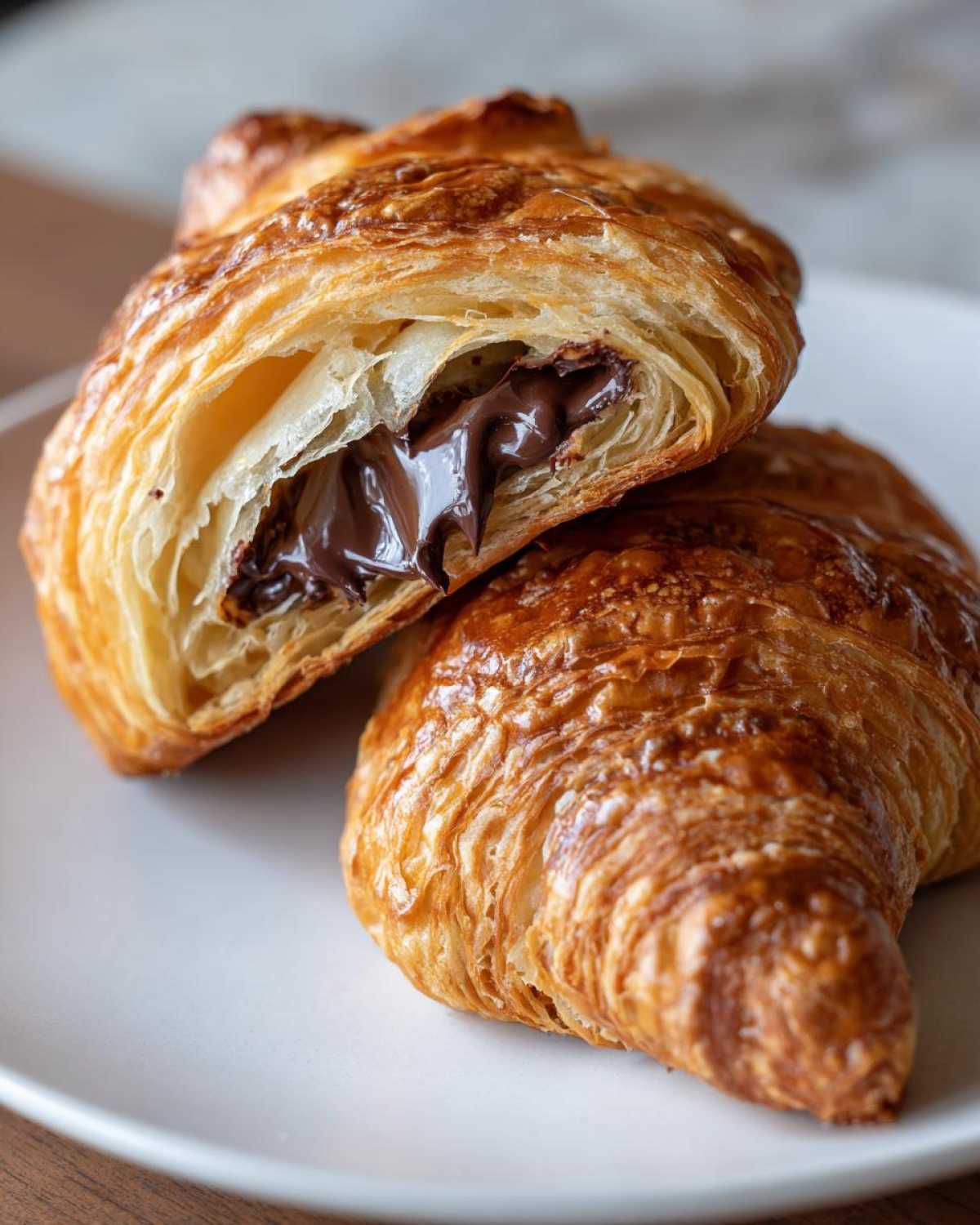 Close-up of a freshly baked chocolate croissant cut in half, showing the melted chocolate filling inside the flaky layers.