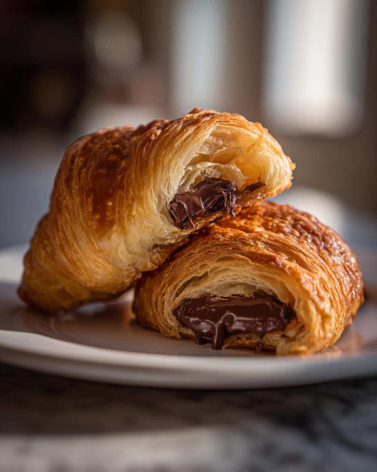 Close-up of a flaky, golden chocolate croissant cut in half, showing the melted chocolate filling.