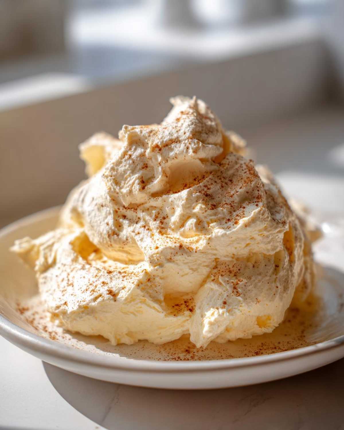 Close-up of fluffy, whipped honey butter recipe sprinkled with cinnamon on a small white plate.