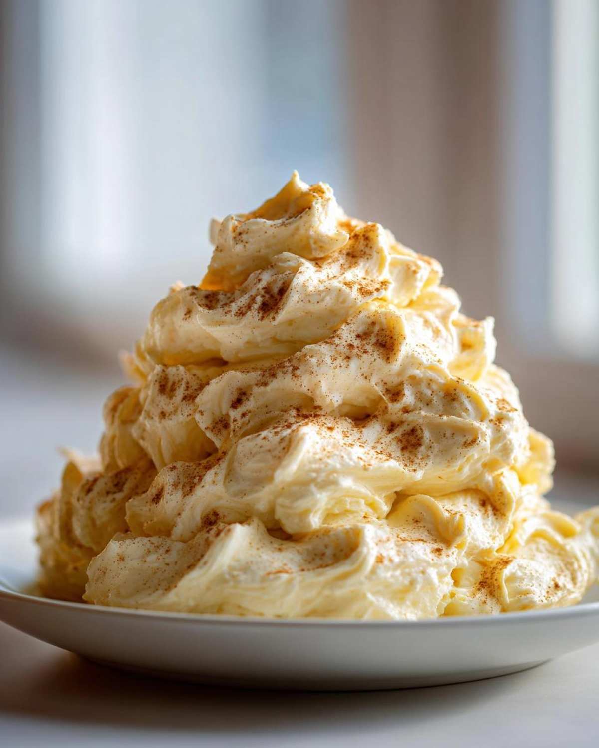 A tall swirl of fluffy, pale yellow honey butter recipe, dusted generously with cinnamon, served on a white plate.