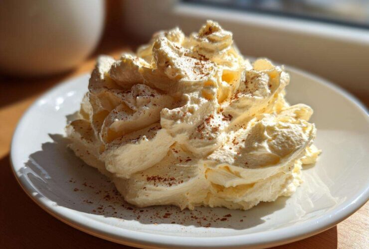 A generous swirl of light yellow, fluffy honey butter, dusted lightly with cinnamon, served on a white plate.