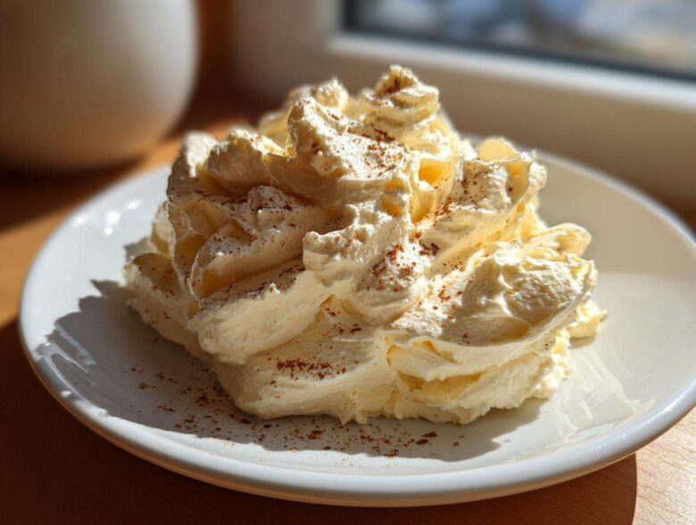 A generous swirl of light yellow, fluffy honey butter, dusted lightly with cinnamon, served on a white plate.