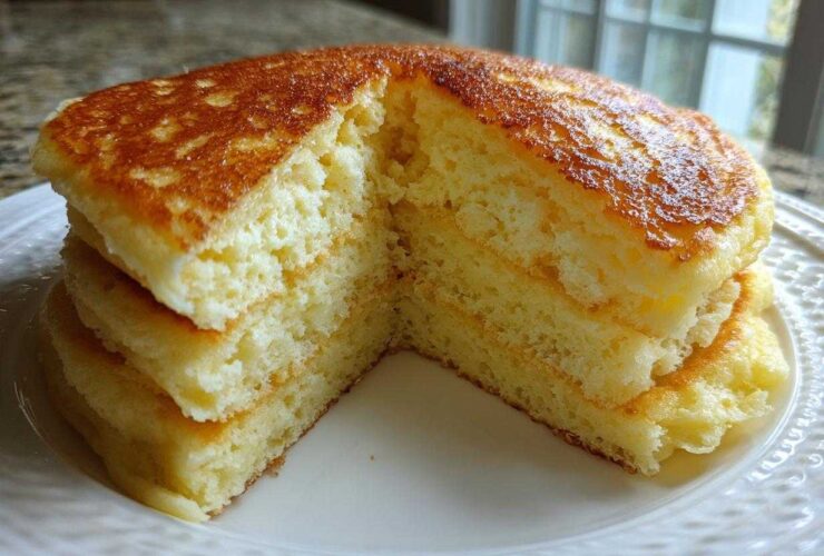 A stack of incredibly fluffy pancakes cut in half to show the airy interior texture, demonstrating amazing lift.