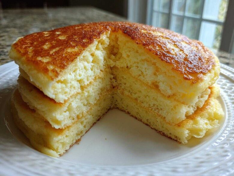 A stack of incredibly fluffy pancakes cut in half to show the airy interior texture, demonstrating amazing lift.
