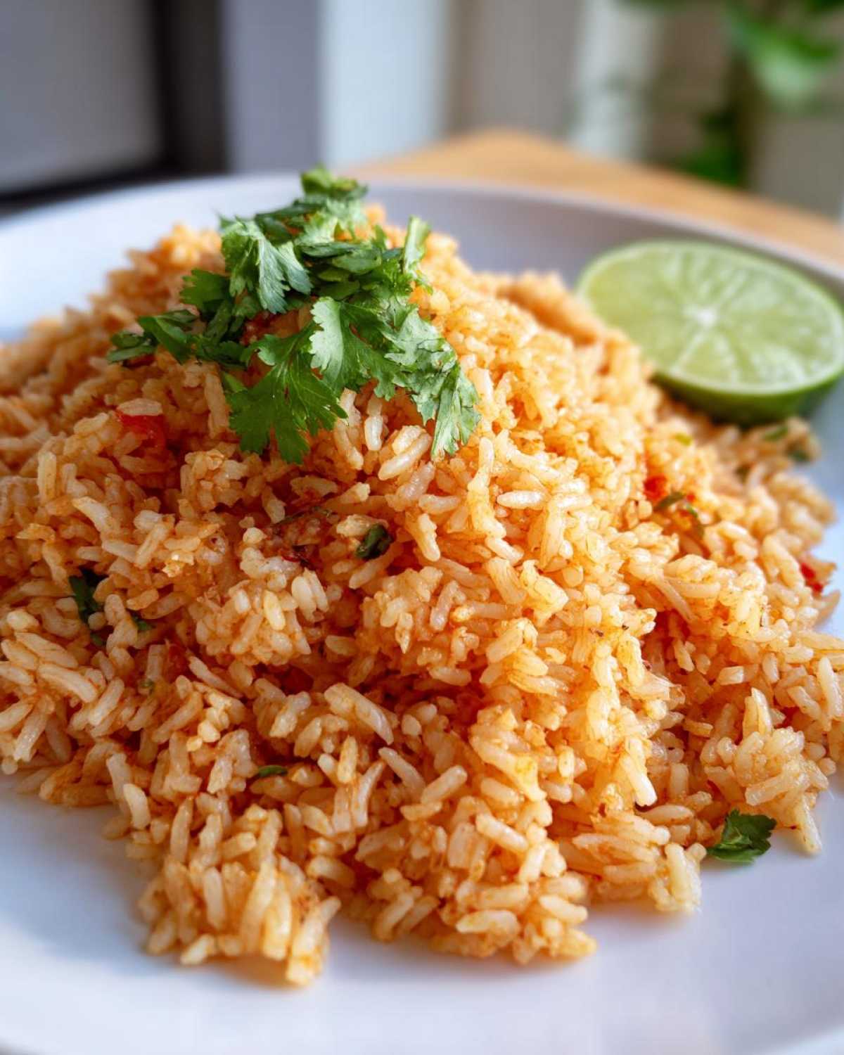 Close-up of a serving of vibrant orange spanish rice garnished with fresh cilantro and a lime wedge.